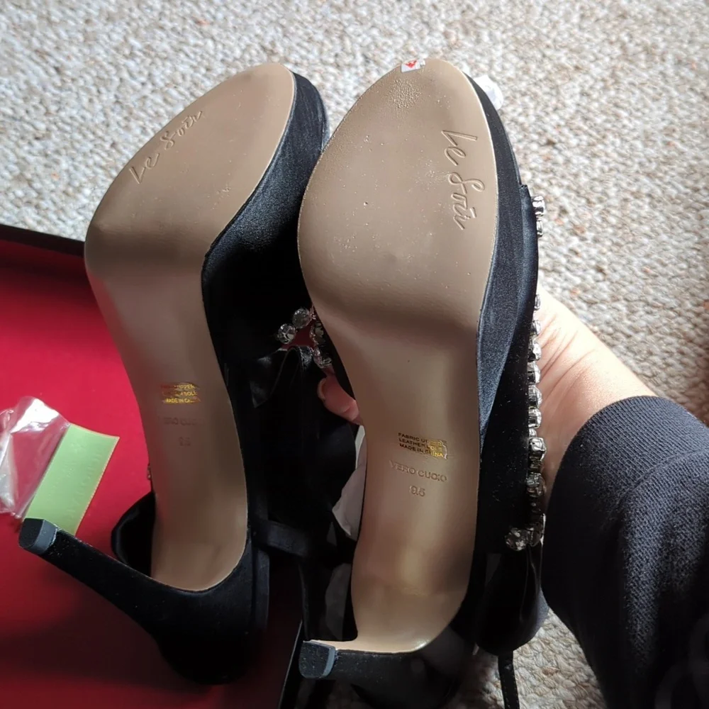 Pour la Victoria Glada Black Satin Heels with Rhinestone Detailing